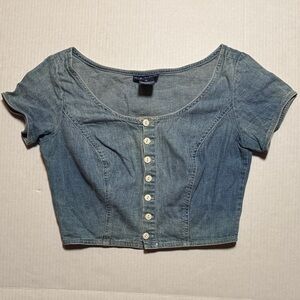 RAPLH LAUREN Vintage Y2K Denim Blue Button-Up Crop Top Cap Sleeve Size M